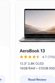 AeroBook 13 product card with rating, specs, and read review button